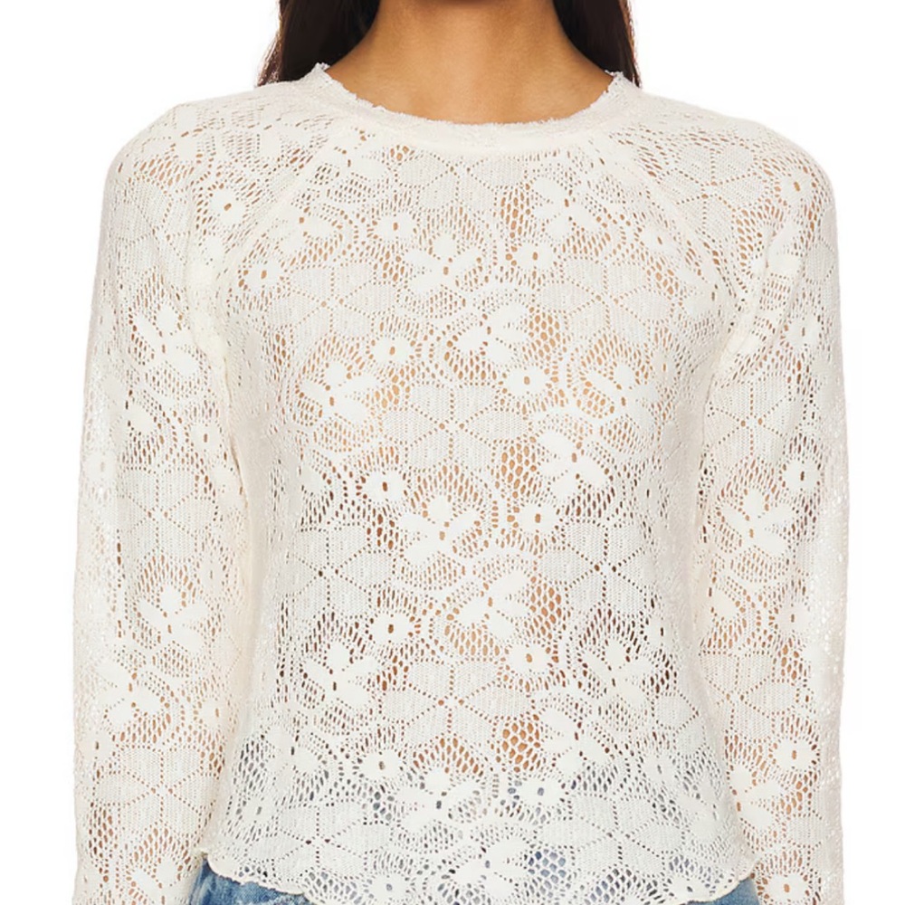 Free People Cream Crochet Floral Long Sleeve Top